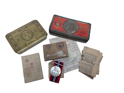 Lot 714 - Boer War Chocolate tin, together with a First World War Princess Mary Gift Tin and small group of militaria including a Second World War War medal.