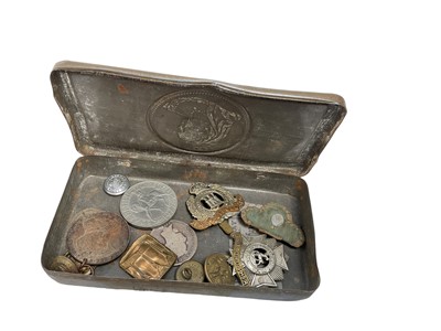 Lot 714 - Boer War Chocolate tin, together with a First World War Princess Mary Gift Tin and small group of militaria including a Second World War War medal.