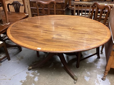 Lot 1356 - Nineteenth century mahogany oval tilt top breakfast table with crossbanded decoration on turned column and four splayed legs, 151cm