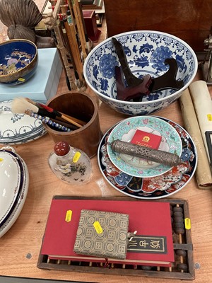 Lot 410 - Group of Chinese and Japanese items to include large snuff bottle, blue and white punch bowl and an Eastern white metal scroll case