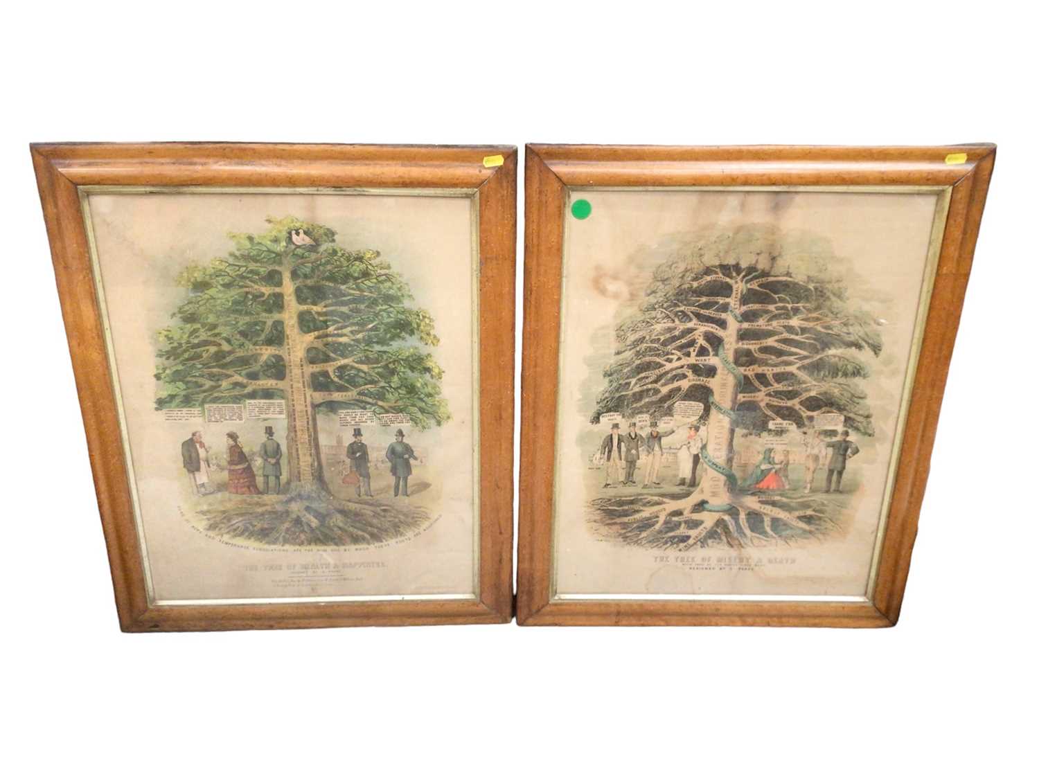 Lot 112 - Pair of Victorian Temperance League prints - The Tree of Health & Happiness, and The Tree of Misery and Death, in maple frames, 59.5cm x 46.5cm