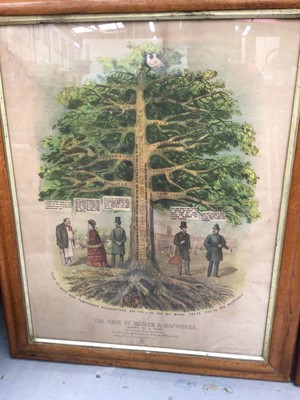 Lot 112 - Pair of Victorian Temperance League prints - The Tree of Health & Happiness, and The Tree of Misery and Death, in maple frames, 59.5cm x 46.5cm