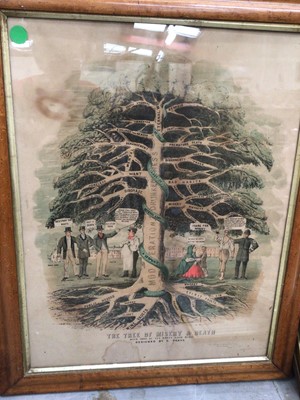 Lot 112 - Pair of Victorian Temperance League prints - The Tree of Health & Happiness, and The Tree of Misery and Death, in maple frames, 59.5cm x 46.5cm