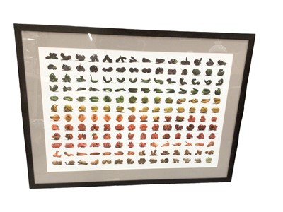 Lot 113 - Large framed print of rows of unusually shaped fruit and vegetables, 96cm x 66cm