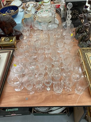 Lot 432 - Group of three wheel engraved glass decanters together with a collection of miscellaneous etched and wheel engraved glasses.