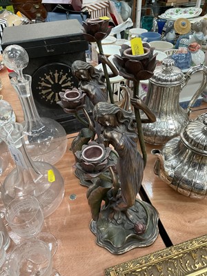 Lot 433 - Pair of reproduction bronzed resin Art Nouveau style candlesticks together with an oil of sheep before a windmill.