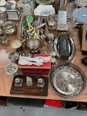 Lot 435 - Oak inkstand, together with silver plated cutlery, tankards and other metalware.