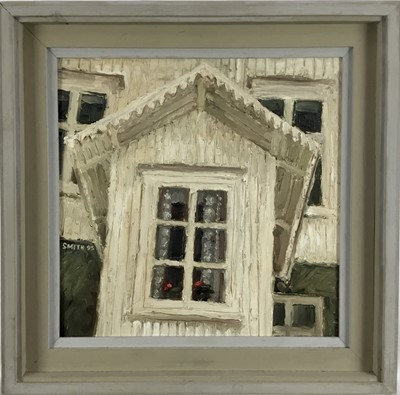 Lot 179 - Peter Smith (b.1931) oil on board - Building Frontage, signed and dated ‘95, 37cm x 37cm, framed