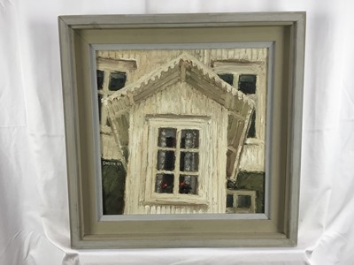 Lot 179 - Peter Smith (b.1931) oil on board - Building Frontage, signed and dated ‘95, 37cm x 37cm, framed