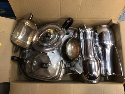 Lot 699 - Box silver plate inc tray, teapot etc and silver spoon Birmingham hallmark