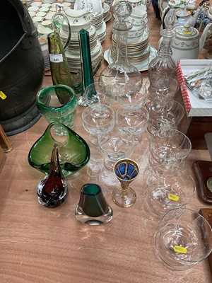 Lot 441 - Whitefriars 'Molar vase', other coloured art glass vases, decanters and sundry glassware.