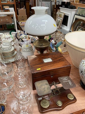 Lot 442 - 19th century rosewood work box, brass oil lamp and brass postal scales (3)