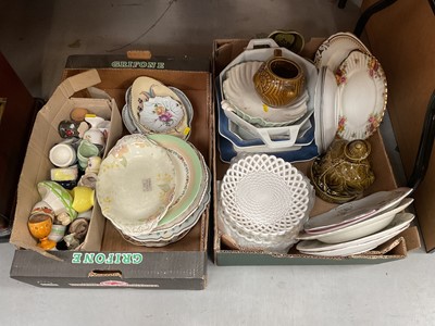 Lot 447 - Two boxes of assorted china and glassware to include egg cups and milk glass ribbon plates.