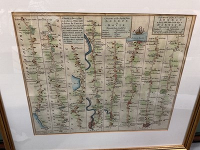 Lot 292 - Antique hand coloured coaching map 'A survey of the road from London to Dover', 'A survey of the road from London to Harwich'.