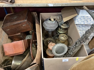 Lot 643 - Lot old brass oil lamps, glass shades, saxophone, metalware and sundries