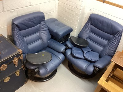 Lot 1406 - Pair of contemporary blue leather revolving armchairs