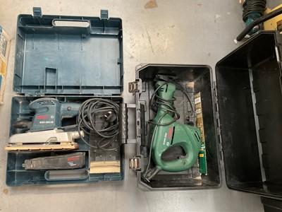 Lot 478 - Bosch GS280AE electric sander, together with a Bosch PEZ600E saw, both cased.