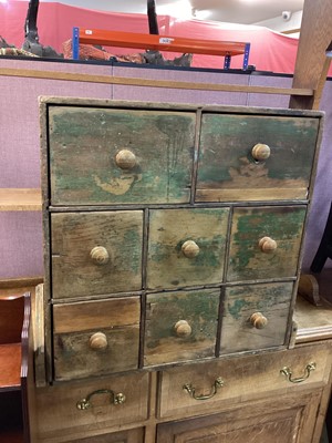 Lot 1412 - Old painted pine nest of eight drawers, 63cm wide, 35.5cm deep, 64cm high