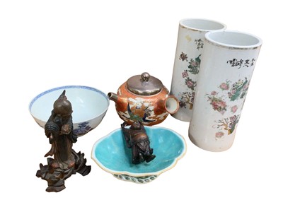 Lot 122 - Group of 18th century and later Oriental items, including a pair of Chinese sleeve vases, a Chinese lacquered figure, a carved wooden buddha, a Japanese silver mounted Kutani teapot, etc