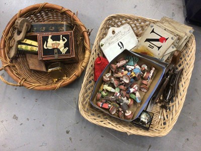Lot 125 - Group of sundries, including antique Indian terracotta figures, Indian boxes, antique bin label, old reading cards, etc