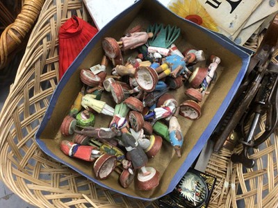 Lot 125 - Group of sundries, including antique Indian terracotta figures, Indian boxes, antique bin label, old reading cards, etc