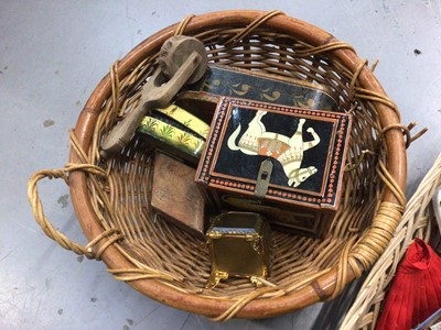 Lot 125 - Group of sundries, including antique Indian terracotta figures, Indian boxes, antique bin label, old reading cards, etc