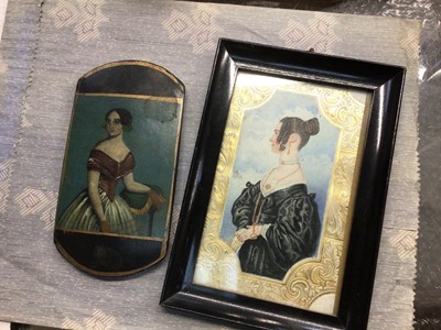 Lot 124 - Victorian papier mache spectacles case, and a small watercolour of a young woman in profile (2)