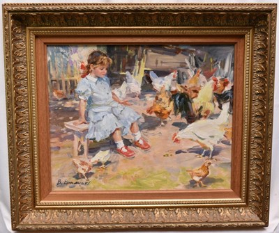 Lot 999 - Victor Efimenko (b.1952), oil on board - Girl and Chickens, signed, 31cm x 39cm, in gilt frame