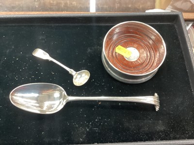 Lot 1095 - Georgian silver desert spoon, silver salt spoon and a silver wine coaster