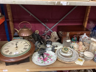 Lot 647 - Arts and Crafts copper spirit kettle on stand, wall clock, marble mantel clock and decorative china and sundries ( 3 shelves)