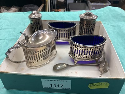 Lot 1117 - Five piece silver cruet set together with three white metal spoons.