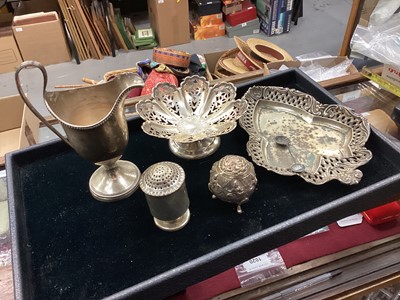 Lot 1093 - Georgian silver cream jug, Georgian silver pepperette, silver pedestal bonbon dish and other silver items.