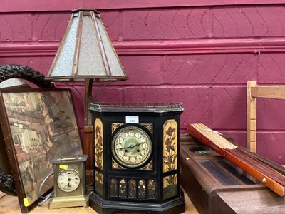 Lot 650 - Arts and Crafts mantel clock, other clocks, lamp and sundries