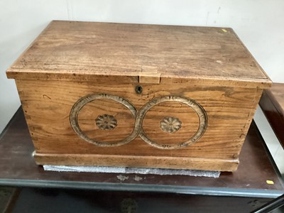 Lot 1431 - Elm blanket box with carved decoration and metal side handles, 81.5cm wide, 48cm deep, 42.5cm high