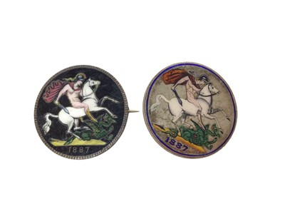 Lot 423 - G.B. - 19th century colour enamelled silver Crowns, Victoria JH 1887 x 2 (2 enamelled coins)