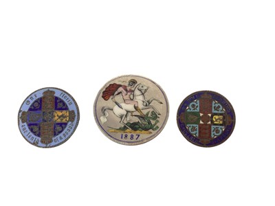 Lot 425 - G.B. - Mixed Victoria colour enamelled silver coins to include 'Godless' Florin 1849, 'Gothic' Florin 1873 and JH Crown 1887 (3 enamelled coins)