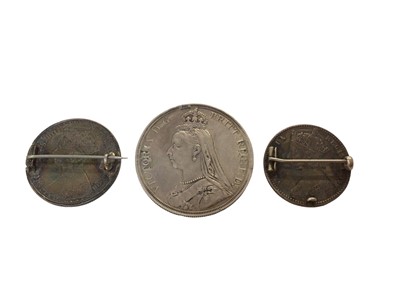 Lot 425 - G.B. - Mixed Victoria colour enamelled silver coins to include 'Godless' Florin 1849, 'Gothic' Florin 1873 and JH Crown 1887 (3 enamelled coins)