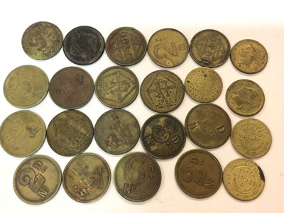 Lot 429 - G.B. - Mixed brass tokens to include various denominations for R.H. London & Sons x 13, OG & Co x 5, J.B. Bedwell Colchester x 2 & Beecroft & Sons Nottingham x 3 (23 tokens)