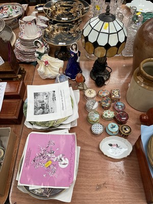 Lot 496 - Tiffany style lamp, Royal Doulton figures, trinket boxes and collectors plates.