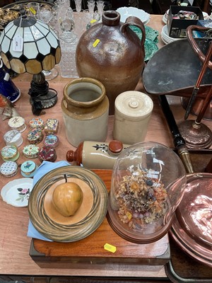 Lot 497 - Salt glazed stoneware flagon, walnut writing slope, dried flowers under a glass dome and sundry items.