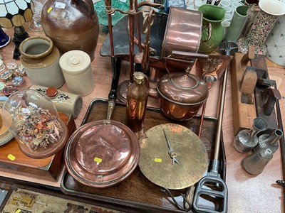 Lot 498 - Copper coal scuttle, oak tray, copper kettle, salter milk balance scale, shooting stick and sundries.