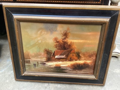 Lot 393 - Dutch School, oil on canvas, winter scene with figures skating by a farmhouse, 29 x 39cm