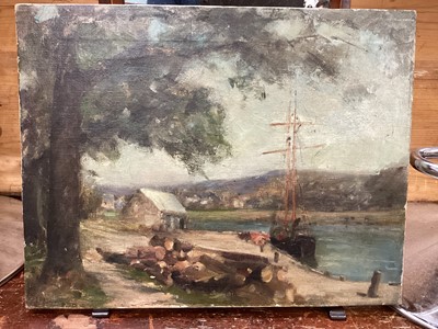 Lot 395 - English School (c1900), oil on canvas - river landscape with a moored barge, indistinctly inscribed verso, unframed, 36 x 46cm