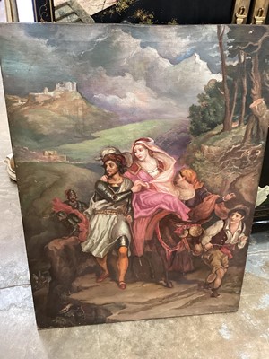 Lot 394 - English School 19th century, oil on unframed canvas - travellers and their mule on a path, as castle on a hill beyond, a female nude verso, 74 x 56cm