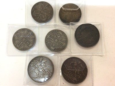 Lot 437 - G.B. - Mixed Victoria silver coins to include Crowns YH 1845 (N.B. With edge nicks) otherwise AVF, JH 1891 GF OH 1897 LXI GF, Double Florin JH 1887 VG, 1889 G-VG x 2 & 1889 AVF (7 coins)