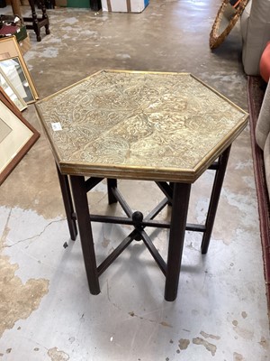 Lot 1471 - Eastern brass coffee table on folding wooden stand