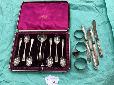 Lot 1106 - Set six Victorian silver teaspoons with tongs and castor spoon in fitted case and sundry silver