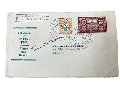 Lot 1428 - Autograph Eamon de Valera (1882 - 1975) Irish Statesmen and political leader, 3rd President of  Ireland.  Handsigned Republic of Ireland 1949 First day Cover date stamp 21st  November 1949