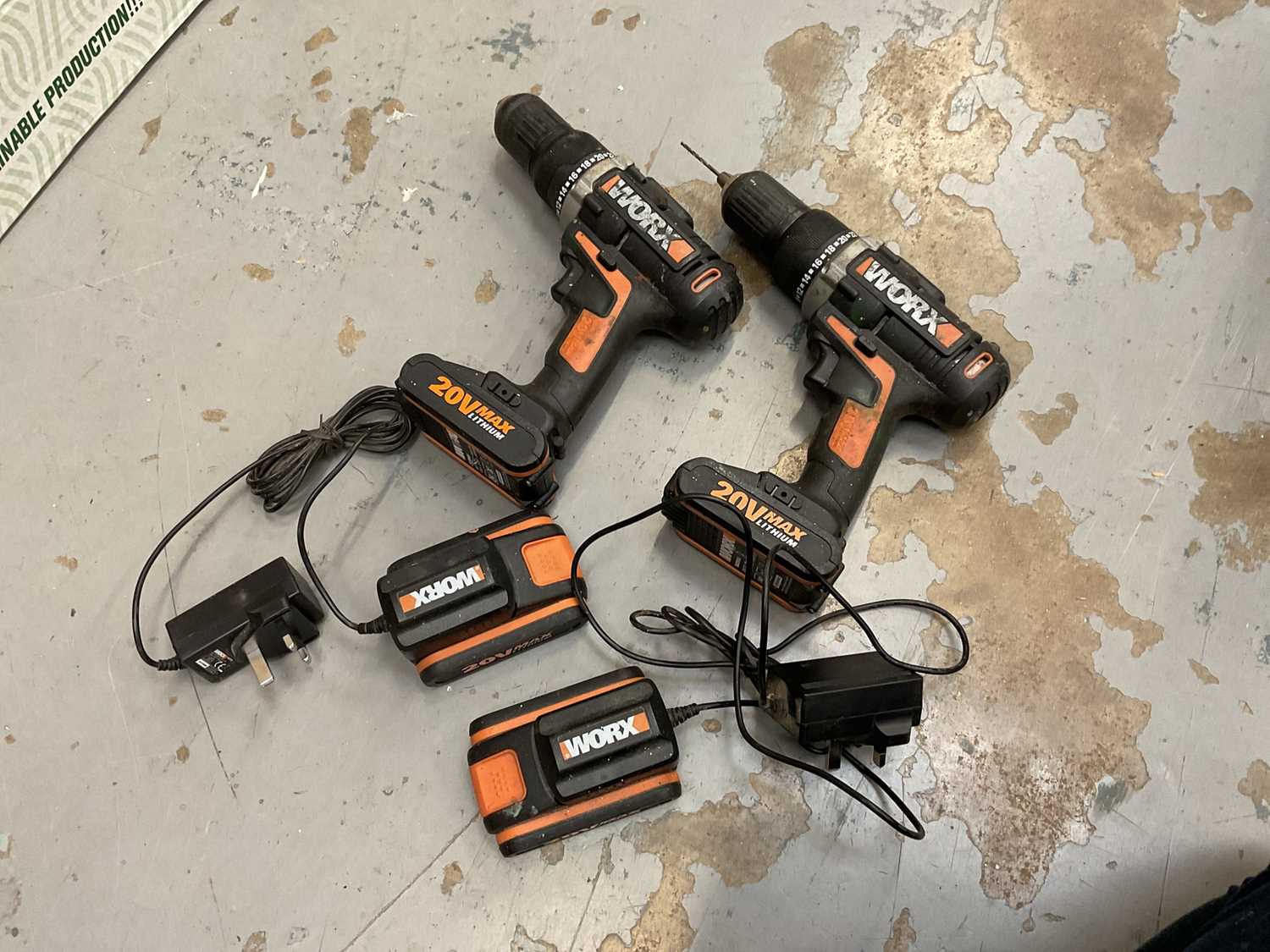 Lot 505 - Two Worx cordless drills together with spare batteries and chargers.