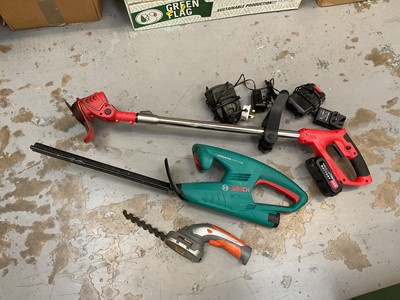 Lot 506 - Bosch cordless hedge trimmer, hand held cordless hedge trimmer and a cordless weed wacker, with chargers (3)